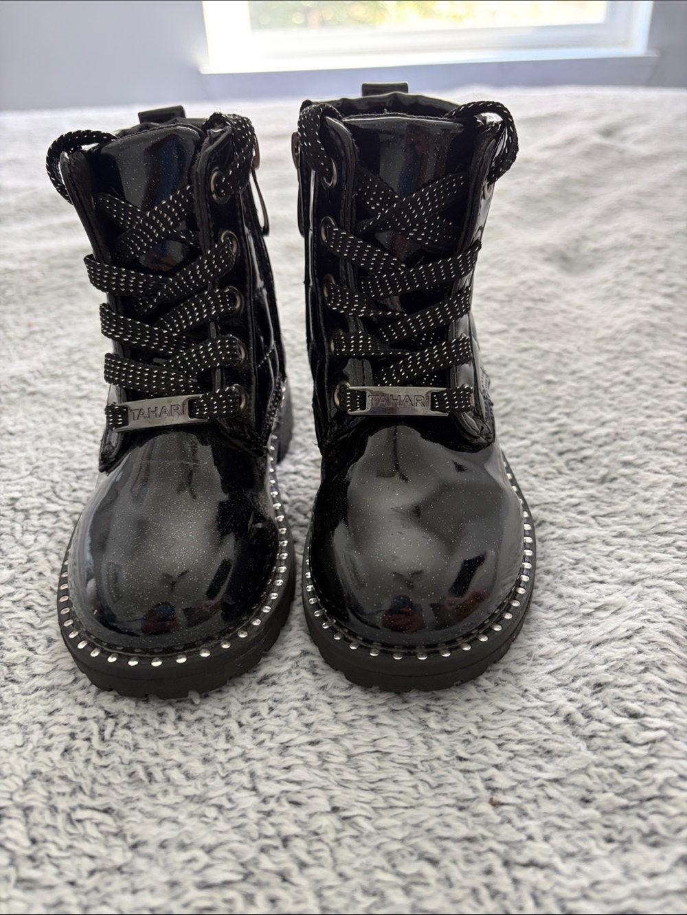 Tahari Girls Black Patent Sparkle Lace-Up Side Zip Combat Boots with Stud Trim